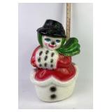 Chalkware snowman Piggy Bank with Green Scarf and