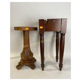 Two small wooden side tables, one is damaged.