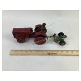 Cast Iron Red Toy Tractor with Green Plow Attachme
