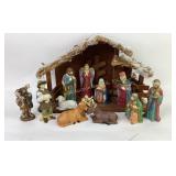 Nativity Scene Figurines with Wooden Stable