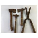 Wood-Handled Tools Including Axes, Hammer, and Hed