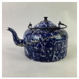 Blue and White Enameled Graniteware Teapot with Wi