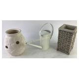 White Ceramic Planter, Metal Watering Can, And Han