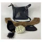Black Leather Handbag, Beaded and Velvet Pouches,
