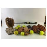 Baseball mitts, aluminum bat and softballs