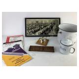 Framed Photograph, Enamelware, Abacus, Barometer,