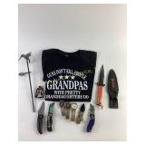 T-Shirt, Knives, Watches, and Decorative Metal Bir