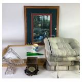 Seat Cushions, Serving Trays, Glass Fruit Stand, a