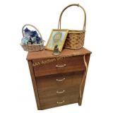 Wooden Chest of Drawers, Wicker Baskets, Framed Ar