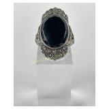 Art Deco Sterling, black onyx & marcasite ring