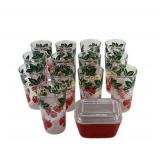 Strawberry-Pattern Drinking Glasses and Red Pyrex
