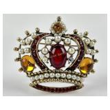 Weiss rhinestone & faux pearl crown brooch -