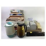 Thermos, telephones, wooden plaques
