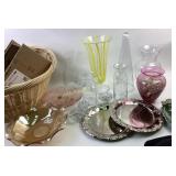 Glass Vases, Plates, Basket, and Ceramic Floral Tr