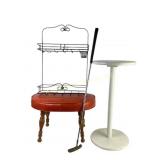 Wooden Footstool, Wire Shelf, White Pedestal Stand