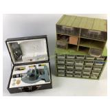 Plastic and metal parts organizer, microscope in