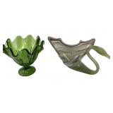 Art Glass Swan Dish, LE Smith Green Pedestal