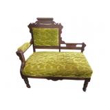 Wood Framed Settee with Green Upholstery and Brass