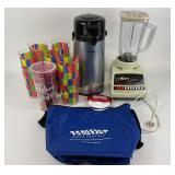 Thermos Pump Pot, Osterizer Blender, Plastic Cups,