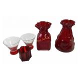 Red Art Glass Bag Vases, Martini Glasses, Candle H