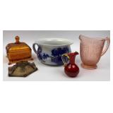 amber glass candy dish, LE Smith Candle Holder,