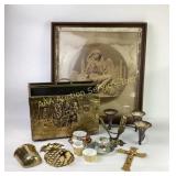 Brass Magazine Holder, Ceramic Teacups, and Framed