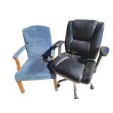 Blue Upholstered Wooden Armchair and Black Swiveli