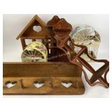 Wooden shelves, metal bird cage decorations