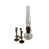 Oil Lamp with Glass Chimney and Brass and Silver T