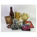 Amber Glass Pitchers, Blue Porcelain Miniatures, P