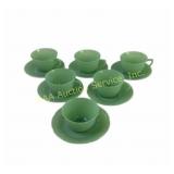 Green Jadeite Glass Teacups with Matching Saucers