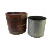 Wooden Barrel and Galvanized Metal Bucket with Rus