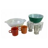 Fiesta Mugs, Pyrex Bowls, and Glass Tumblers