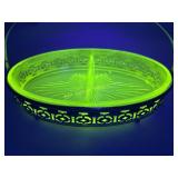 Uranium Glass divided relish Tray with carrier
