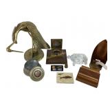 Brass Crane Statue, Fossil Fish Plaque, Musical Po