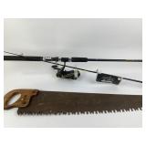 Hand Saw and Fishing Rod with Spinning Reel