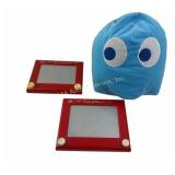 Two vintage etch a sketch and pacman ghost plush