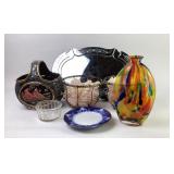 Flow Blue plate, Wire Baskets with Rock Crystals,