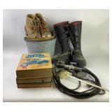 Work Boots, Metal Bucket, Automotive Hoses, Gauges