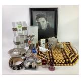 Framed Elvis Photo, Turtle Lidded Dish, Belt, Glas