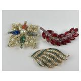 (3) vintage rhinestone brooches one marked Sarah