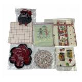 MCM small table cloths, crochet cauldron hot pad,