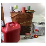 Baskets, Gas Can, Dinnerware, Pool Pump, and Decor