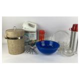 Cobalt Blue Pyrex Bowl, Mixer, Thermoses, and Glas