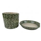 Roseville Spongeware pie dish and canister green