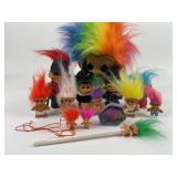 Vintage Trolls lot of 14 figures, pencil, necklace