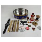 Black Americana salt shaker, antique clock