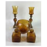 Amber Glass Candleholders, Bowl, and Decanters