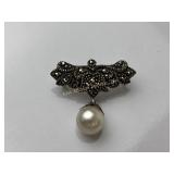 Sterling, marcasite & cultured pearl pendant.