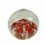 Vintage Art glass paperweight red+white w/bubbles